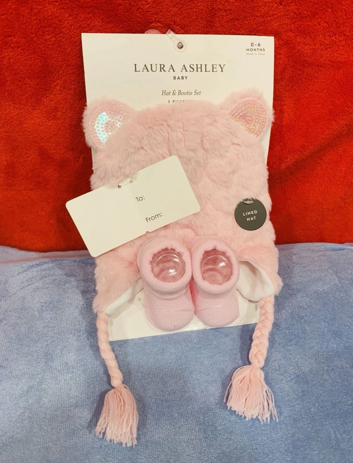 Laura Ashley Baby Hat & Bootie 2 Piece Set Sz 0-6 Months Light Pink w/ Ears-NWT