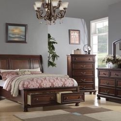BRAND NEW QUEEN COMPLETE BEDROOM SET SOLID CHERRY WOOD INCLUDES BED DRESSER MIRROR CHEST AND NIGHTSTAND 