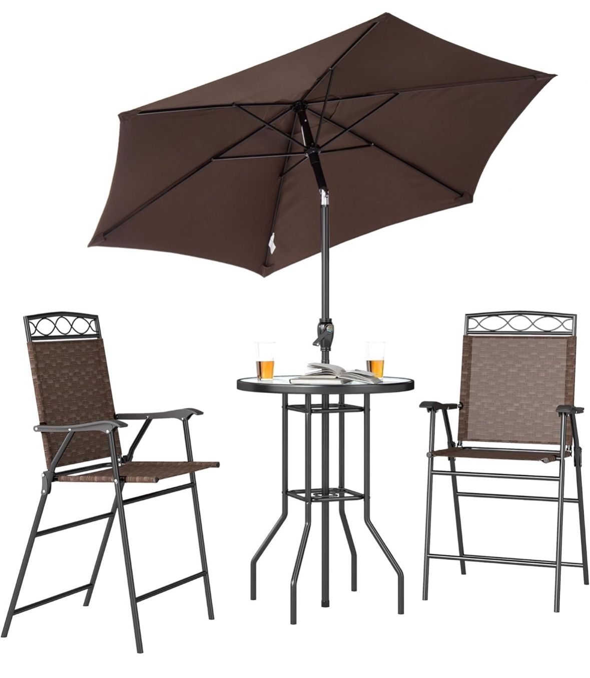Outsunny 4 Piece Outdoor Patio Bar Table Set with Umbrella, 2 Folding Chairs, Dining Table - Brown - Brand New in Box