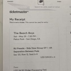 4 Beach Boys Tickets @ Petco Park