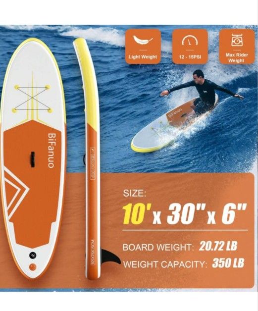 Bifanuo 10' Inflatable Stand Up Paddle Board With Accessories & Backpack - Paddle Boards For Adults, Non-Slip Deck, Wide Stance, Bottom Fin, Double Ac