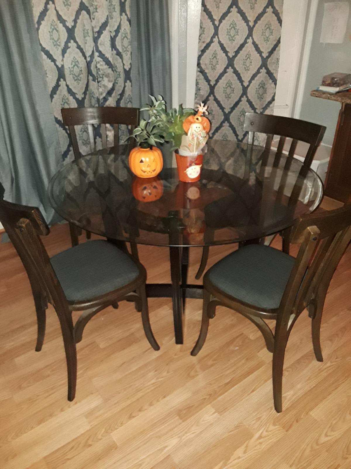 5 piece glass round wood dining table w 4 chairs