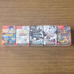 Pokemon Cards Scarlet and Violet Black Bolt, White Flare, Prismatic Evolutions Surging Sparks, Mega Evolution Phantasmal Flames Booster Bundles