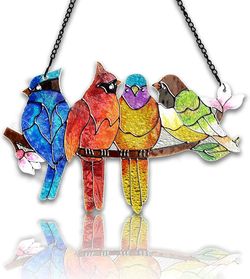 Birds on A Branch Stained Glass Window Hanging Suncatcher Bird Lover Gifts Christmas Birthday Mothers Day Bird Lovers Sun Catcher Gift for Woman Mom G