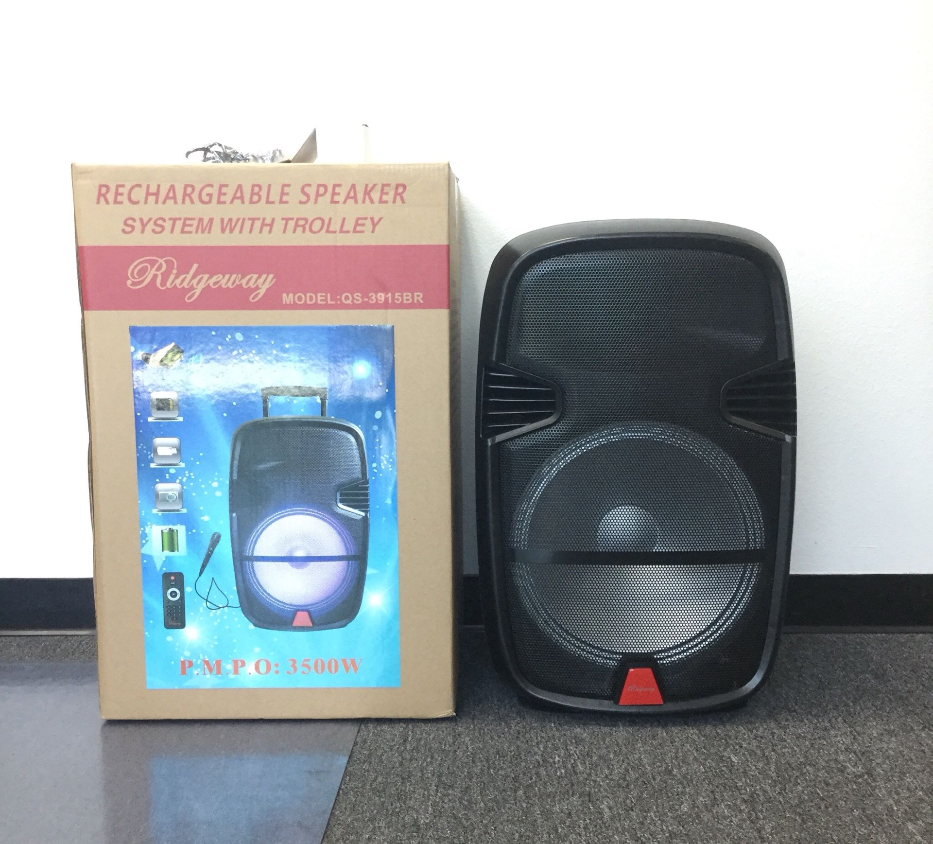 Ridgeway QS-3915BR - 15” Portable Trolley DJ Bluetooth Speaker with Wired Mic and Colorful Lights