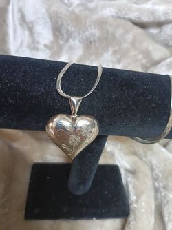 Vintage Italian Silver Puffed Heart with Floral Engraving and a 24" Sterling Silver Herringbone Chain
