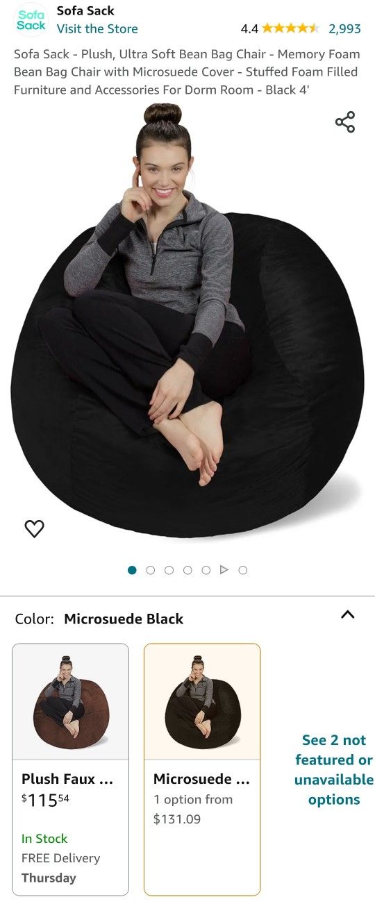 Sofa Sack Oversized Memory Foam Beanbag Chair With Black Microsuede Cover 36"Dx36"Wx24"H