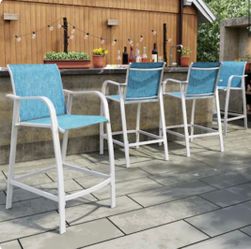 Set of 2  Metal Frame Stationary Bar Stool Chair with Blue Textilene