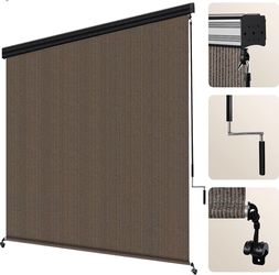 Outdoor Roller Shade 8'(W) x6'(H) Fabric Mocha Exterior Roll Up Shade with Aluminum Valance, Wand Operation Roller Shades Cloth for Patio Porch Gazebo