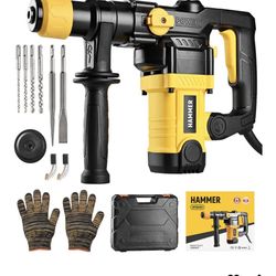 Heavy duty rotary hammer drill, safety clutch with three functions, equipped with vibration control, including grease, chisel, and drill bit with casi