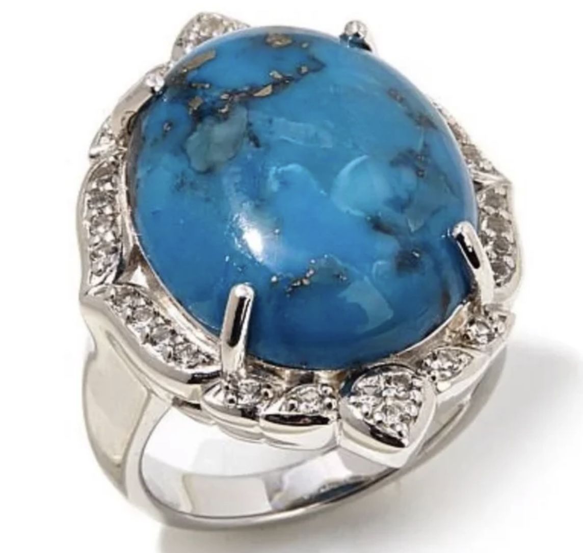 Large Turquoise & White Topaz Stones in Rhodium over Sterling Silver Ring