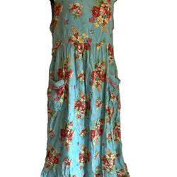 APRIL CORNELL COTAGECORE FLORAL SLEEVELESS MIDI FLORAL RAYON DRESS POCKETS MED