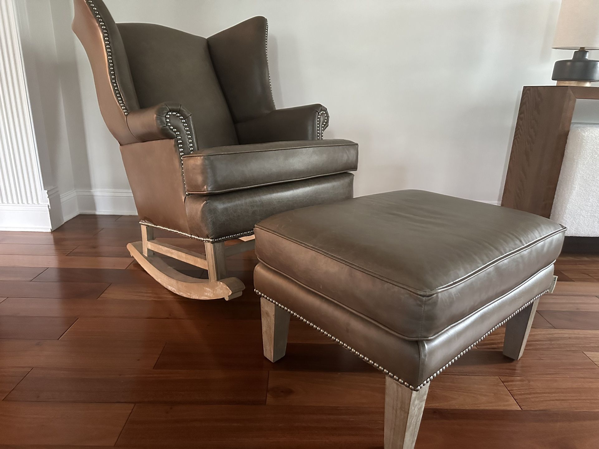 Pottery Barn Genuine Leather Grey Rocking Chair With Matching Ottoman