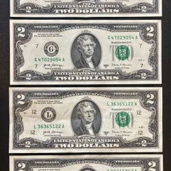 Four (4) Two Dollar Bills, rarely Found, Series 2013 and 2017 HARD To Find $2 Bill