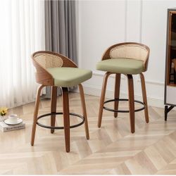 Set of 2 Rattan Green Pu Leather Barstools