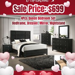 4pcs Queen Bedroom Set Bedframe Dresser Mirror Nightstand 