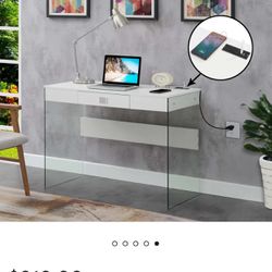 Glass Desk With Outlet & Vanity Impressions Mirror