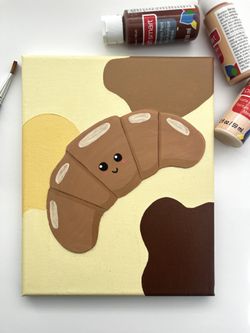 Kawaii Croissant Canvas Art: 3D Embossed Acrylic Painting, 8x10