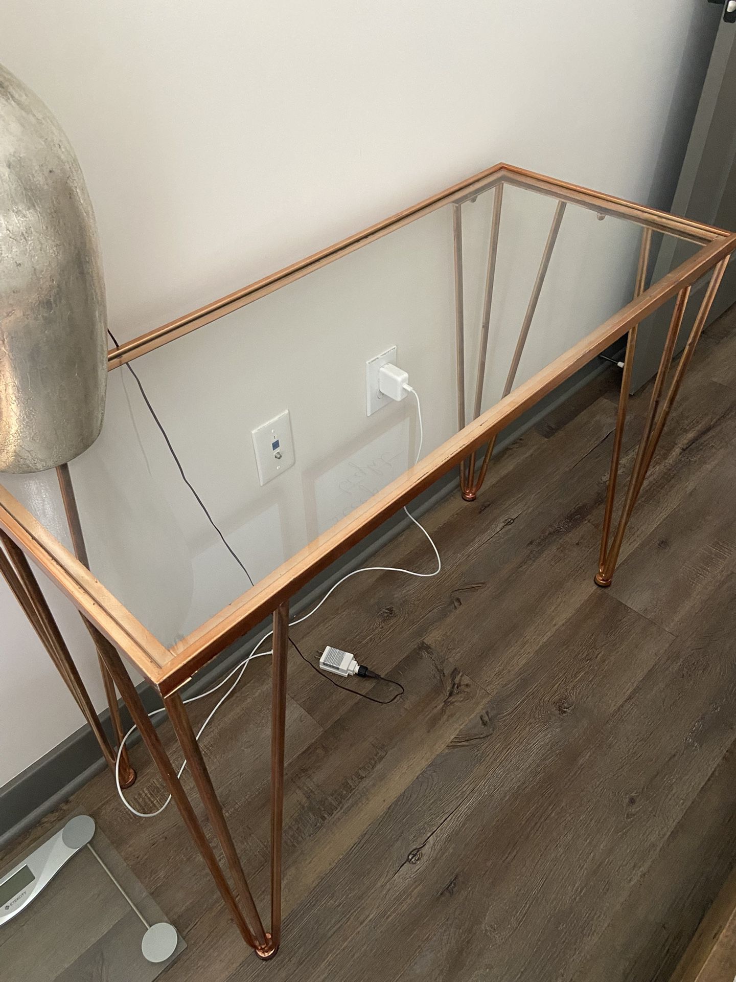 Copper Metal Glass Top Console Table