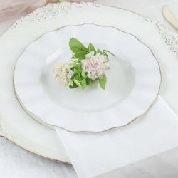 10-Pack Plastic Round Dinner Plates 9" White Ruffled Rim with Gold Edging - Heavy Duty Disposable Dinnerware for Upscale Buffets & Catered Events