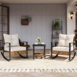 Brown 3-Piece Wicker Patio Conversation Set Outdoor Rocking Chairs with Beige Cushions