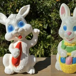 2 Vintage Easter Bunny Rabbit Lighted Blow Molds Yard Art Decorations Collectible
