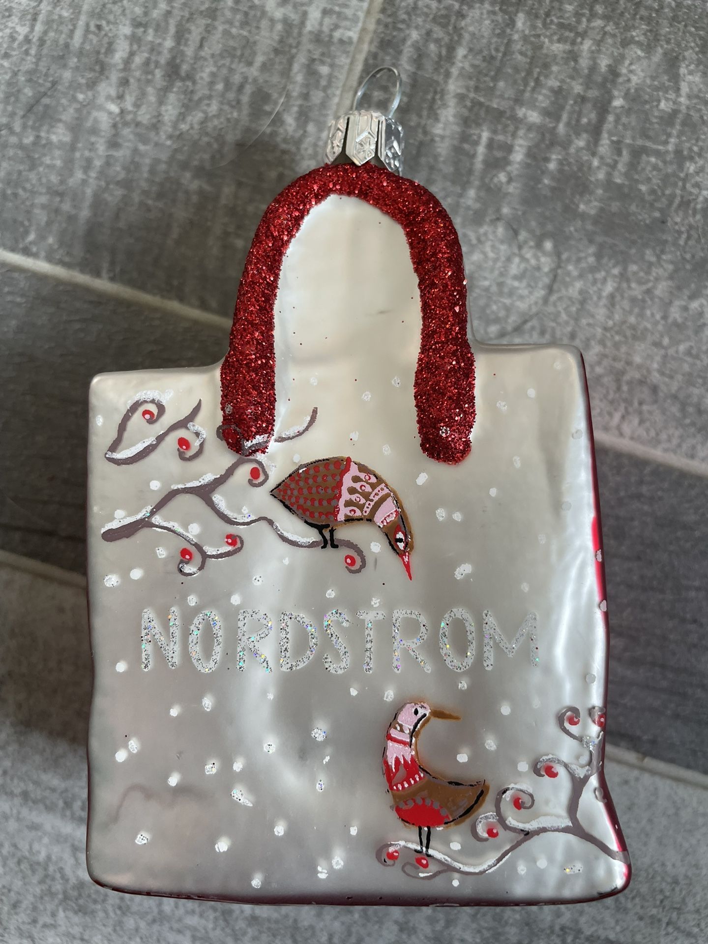 Nordstrom Shopping Bag Glass Christmas Ornament Silver & Red Glitter