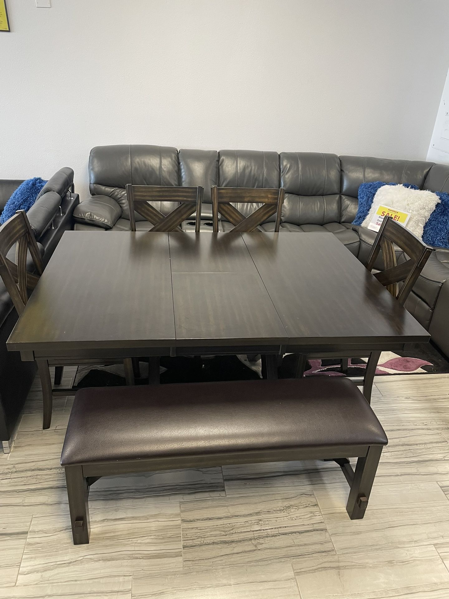 Holiday sale. Kelly adjustable dining table with four chairs and bench set only $699. Easy finance option. Same day delivery.