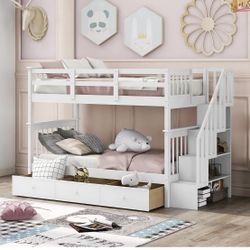 Harper & Bright Designs Twin Over Twin Bunk Bed with Stairs and Drawers, Solid Wood Stairway Bunk Bed with Storage for Kids Teens Adults, Bedroom, Dor