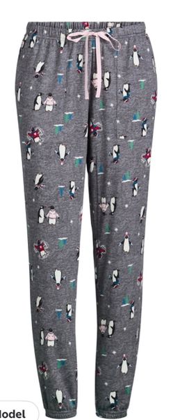 women’s Christmas grey penguin pajama pj sleep jogger pants XL