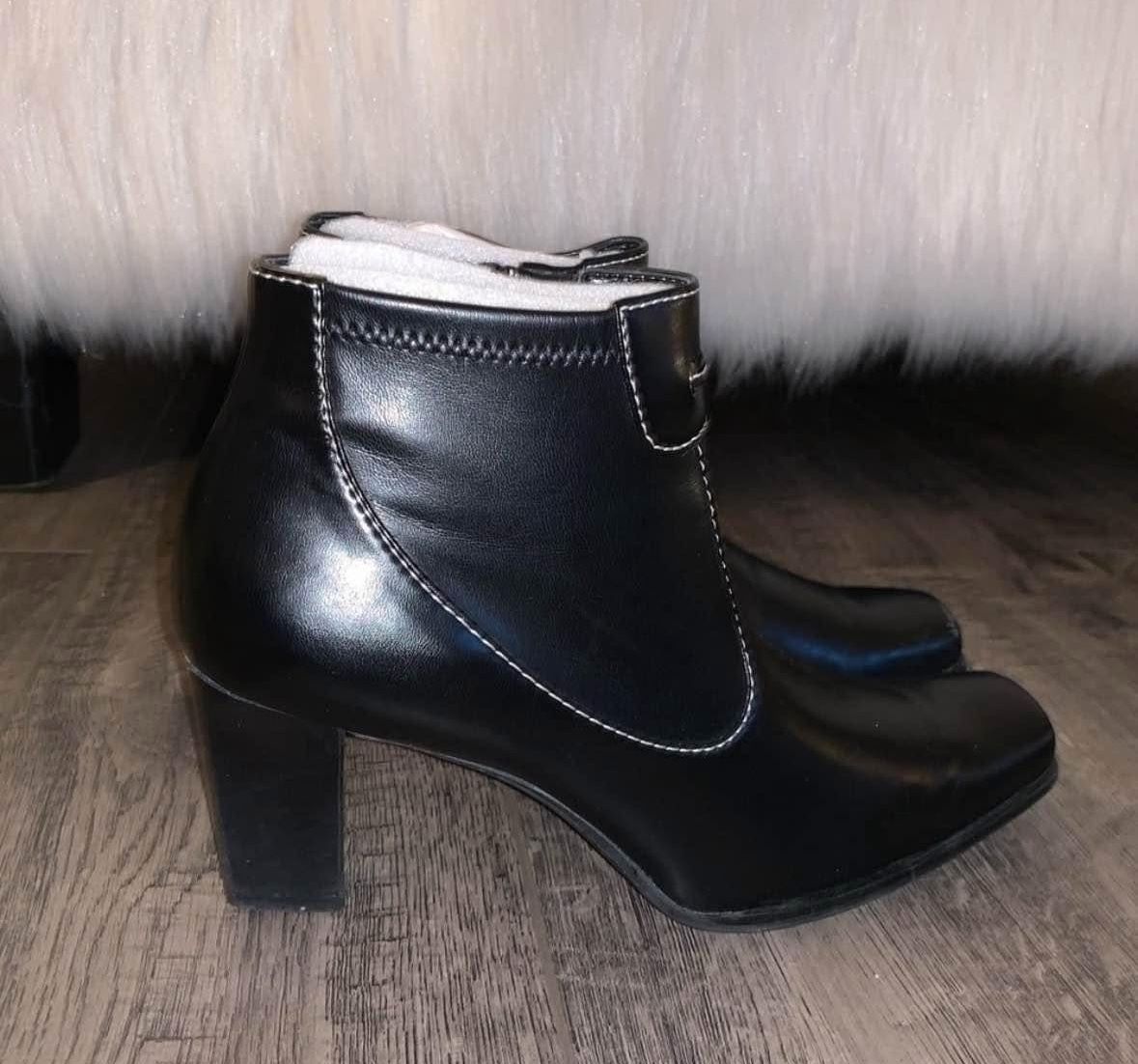 Franco Sarto All Black & White Lined Stitch Square Toe Chunky Heel Ankle Booties