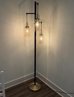 Modern 3-Light Floor Lamp – Black & Brass with Glass Shades