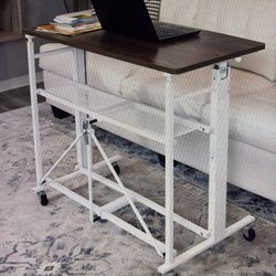 Table Or Desk On Wheels With Shelf Below; Sit Or Stand Portable (on Wheels) -NEW In Box-collapsible-Origami Brand-white With Wood Top