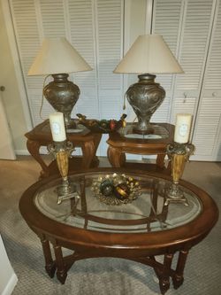 Wood and Glass Coffee Table with Two End Tables