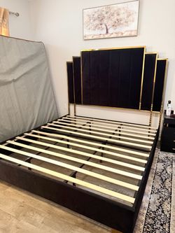 Black Velvet Bed Frame with Gold Headboard