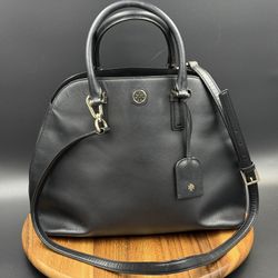 Tory Burch Black Purse Robinson Dome Triple Compartment Pebbled Leather Tote Bag