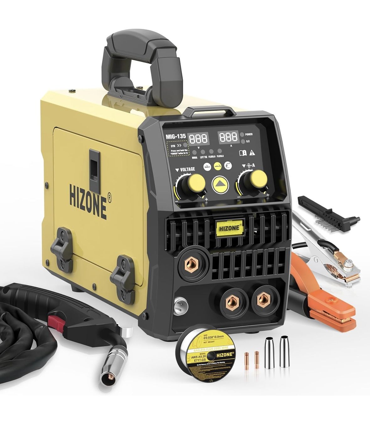 HIZONE 135A MIG Welder, 3 in 1 Welder Flux MIG/Lift TIG/Stick Multi-Process Mig Welder, 110V Welding Machine, Flux Core Welder Machine with Welding Gu