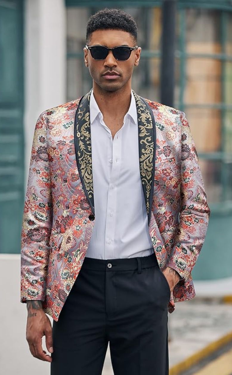 COOFANDY Men's Floral Tuxedo Jacket Luxury Embroidered Blazer Prom Party Dinner Suit Jacket Size Large