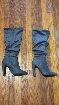 Gray Suede Knee-High Heeled Boots