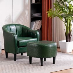 Green Faux leather barrel chair with ottoman 4022