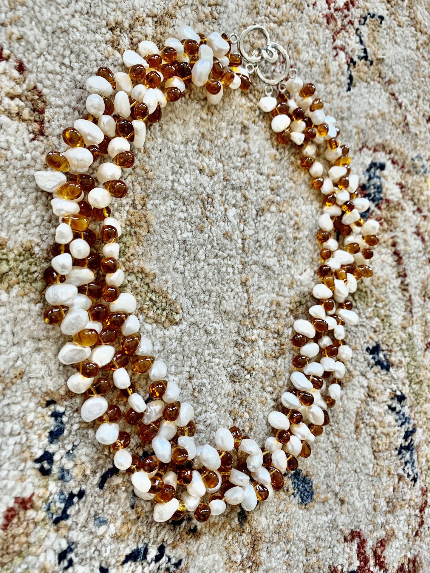  A Lovely Cascade Of Pearls  & Amber Beads