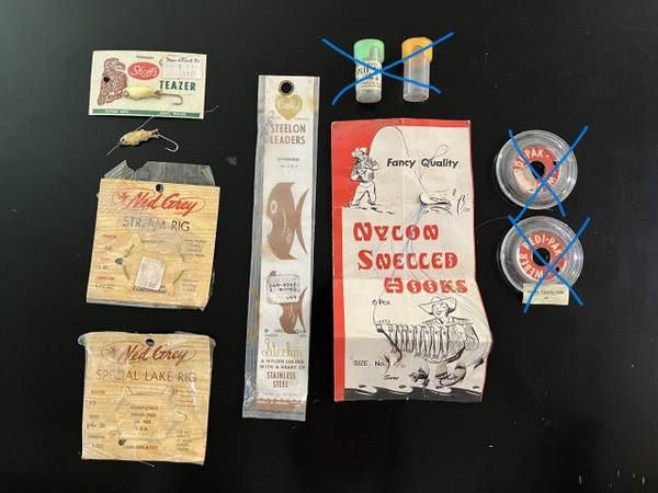 Vintage Fishing Tackle Leaders, Lures, Hooks,& Lines- 6 units