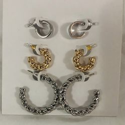 Gold and Silver Tone Twisted 3 Pcs set Hoop Earrings