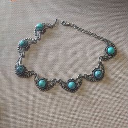 Vintage Turquoise Cabochon Silver Toned Choker Necklace