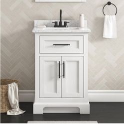 ☀️#8738 Doveton 24 in. Single Sink Freestanding White Bath Vanity with White Engineered Marble Top 