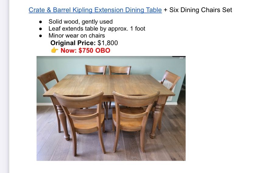 Crate & Barrel Kipling Extension Dining Table + Six Dining Chairs Set