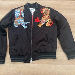 Evisu Embroidered Tiger & Foo Dog Bomber Jacket - Black with Red & Blue Accents