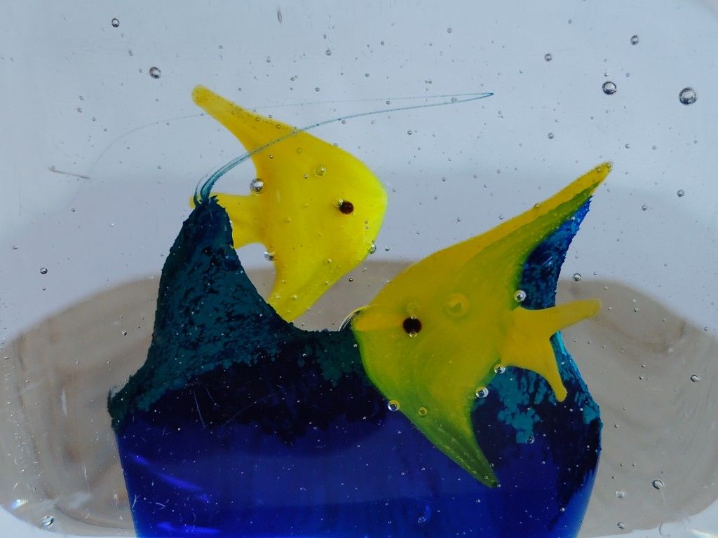 Murano Style Glass Paperweight Square Blue Yellow Fish