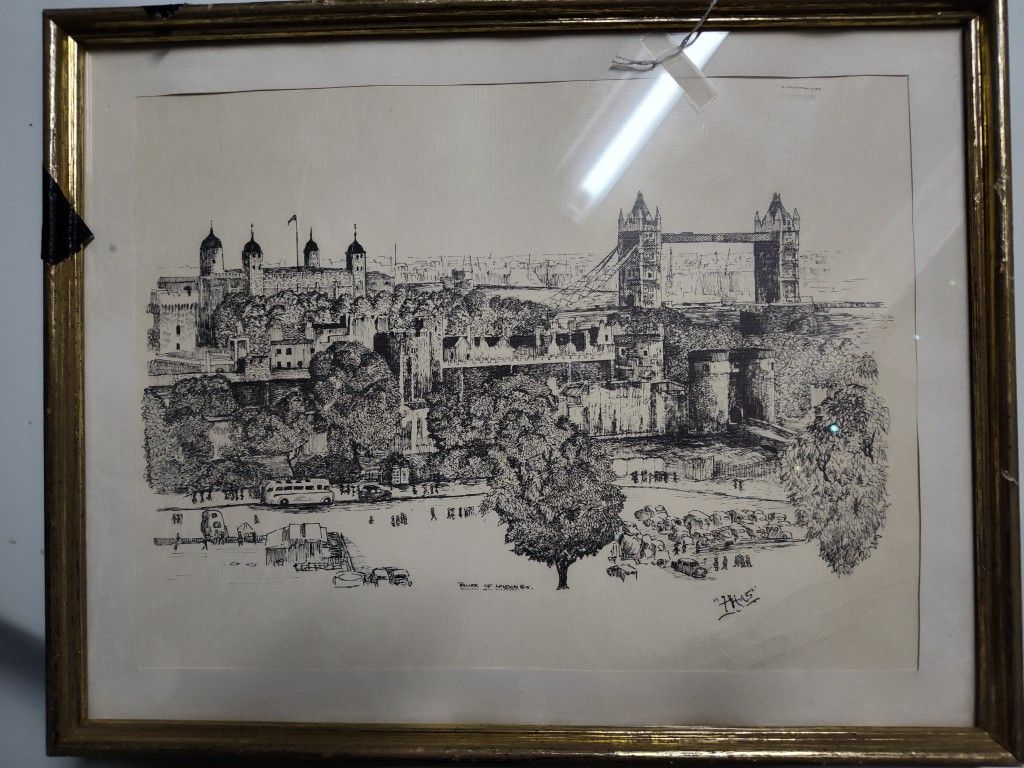 Tower Of London Bridge Etching Print From 1950s