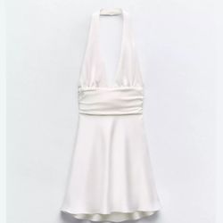  ZARA Satin Effect Deep V Nec Halter Mini Dress X-Small White Bow Party 4772/381